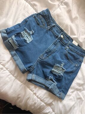 *Never Worn* High-Rise Distressed Denim Shorts - Blue